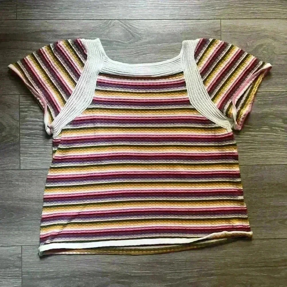 Maison Montagut Balloon Short Sleeve Striped Sweater with Crochet Detail Size M - Picture 2 of 6